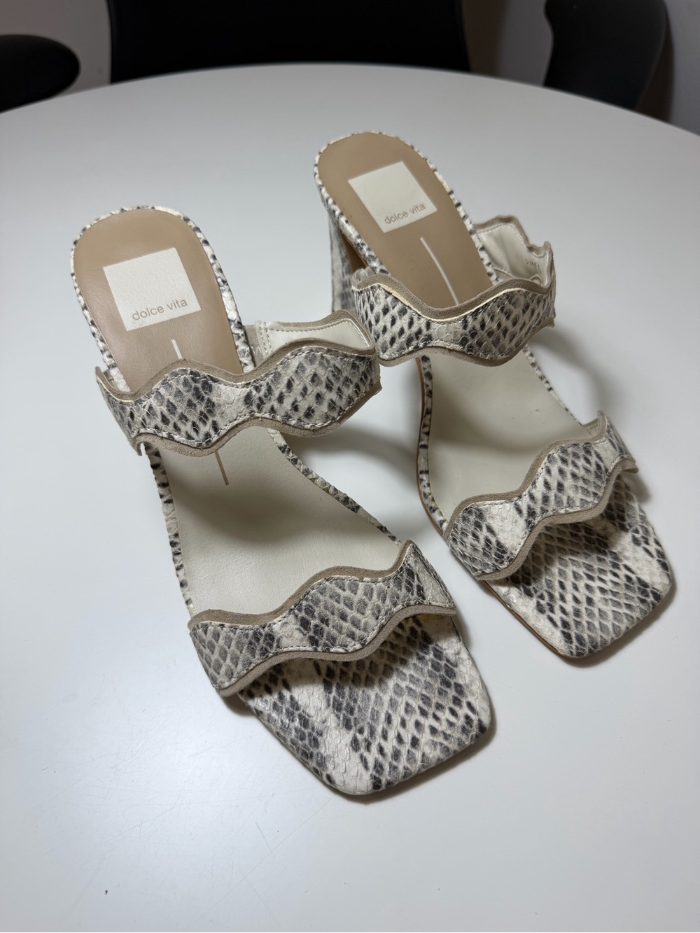 Dolce Vita Cream Snakeskin Wavy Double-Strap Heels